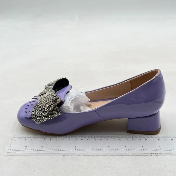 YDN Light Purple Squares Toe Tassel Pumps Rhinestone Bow Chunky Low Heels Shoes