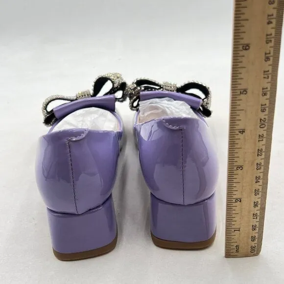 YDN Light Purple Squares Toe Tassel Pumps Rhinestone Bow Chunky Low Heels Shoes