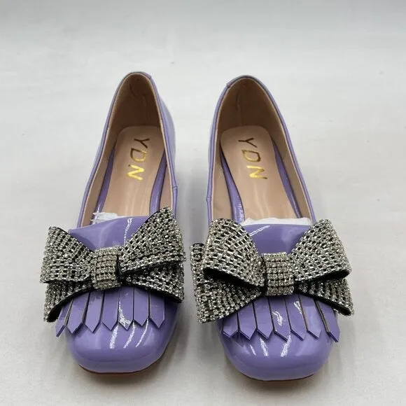 YDN Light Purple Squares Toe Tassel Pumps Rhinestone Bow Chunky Low Heels Shoes