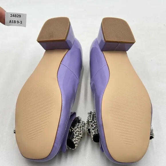 YDN Light Purple Squares Toe Tassel Pumps Rhinestone Bow Chunky Low Heels Shoes