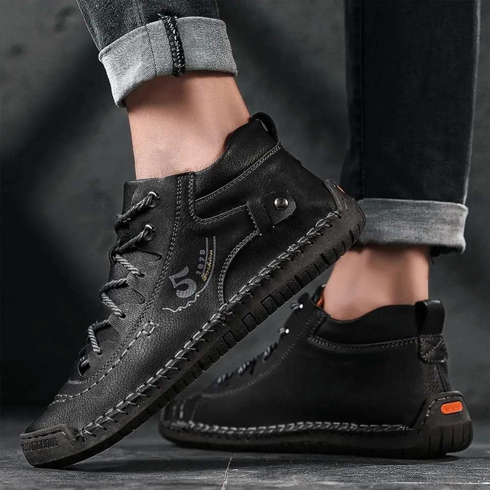 YONGJIA Mens Leather Casual Lace up Driving Walking Ankle Boots Stitching Work Fashion Shoes