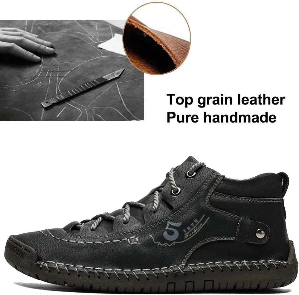 YONGJIA Mens Leather Casual Lace up Driving Walking Ankle Boots Stitching Work Fashion Shoes