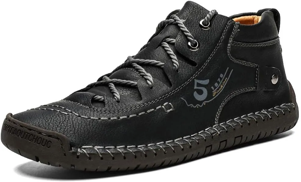 YONGJIA Mens Leather Casual Lace up Driving Walking Ankle Boots Stitching Work Fashion Shoes