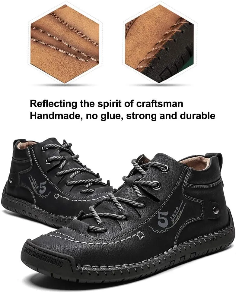 YONGJIA Mens Leather Casual Lace up Driving Walking Ankle Boots Stitching Work Fashion Shoes
