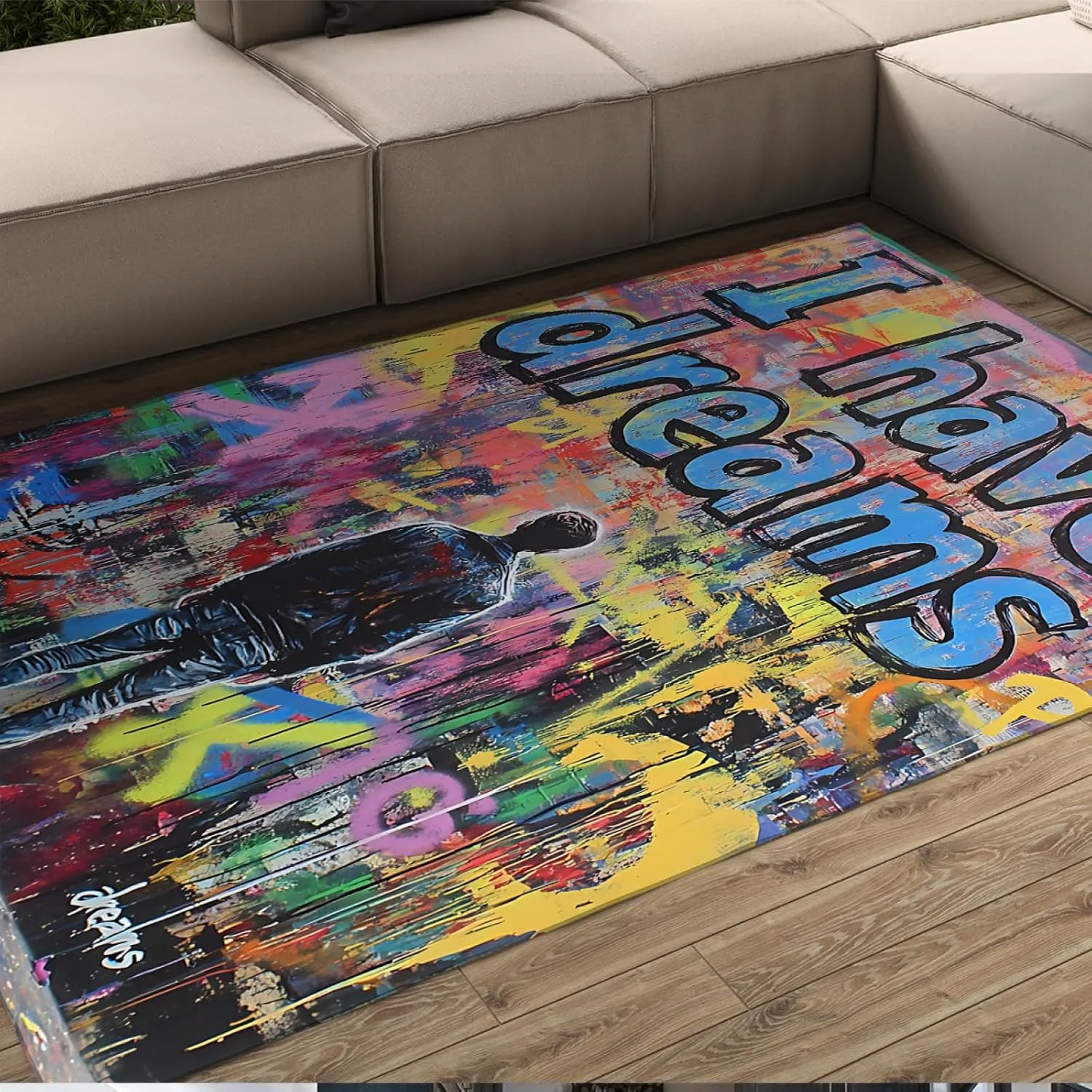 Youth Graffiti Area Rugs I Have Dreams Modern Urban Street Art Print Non Slip Carpet for Living Room Playroom Thin Floor Mat 3'x5'