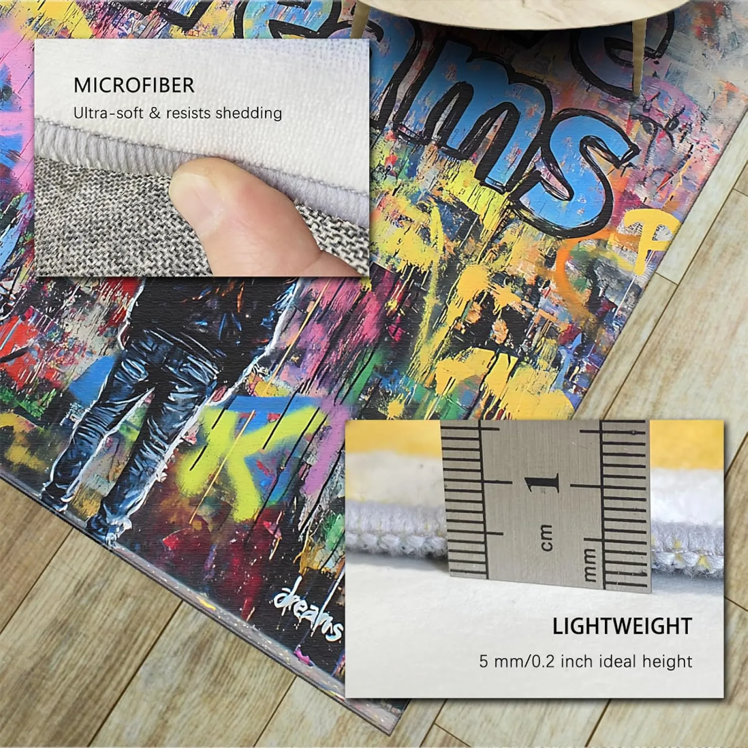Youth Graffiti Area Rugs I Have Dreams Modern Urban Street Art Print Non Slip Carpet for Living Room Playroom Thin Floor Mat 3'x5'