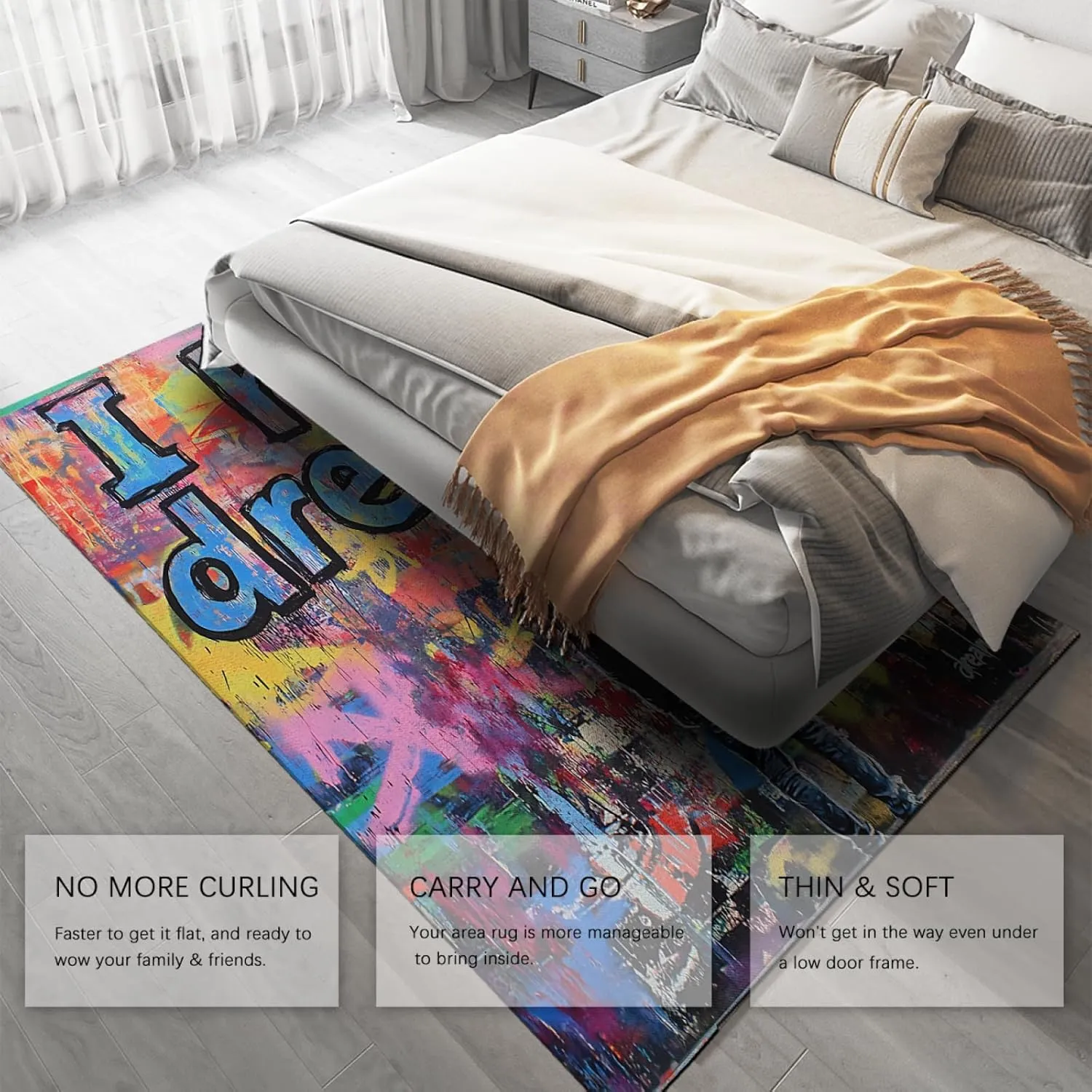 Youth Graffiti Area Rugs I Have Dreams Modern Urban Street Art Print Non Slip Carpet for Living Room Playroom Thin Floor Mat 3'x5'