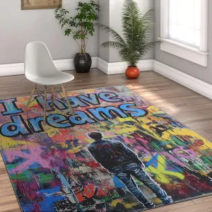 Youth Graffiti Area Rugs I Have Dreams Modern Urban Street Art Print Non Slip Carpet for Living Room Playroom Thin Floor Mat 3'x5'