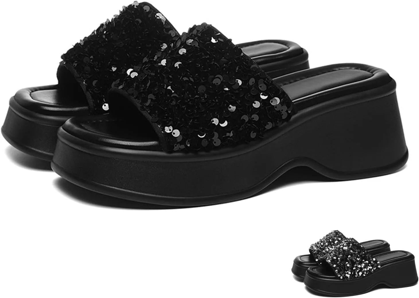 Zeberfi Women's Sequin Glitter Platforms Slide Sandals Fashion Sparkle Open Round Toe Slip on Slippers Summer Daily Casual Sandals