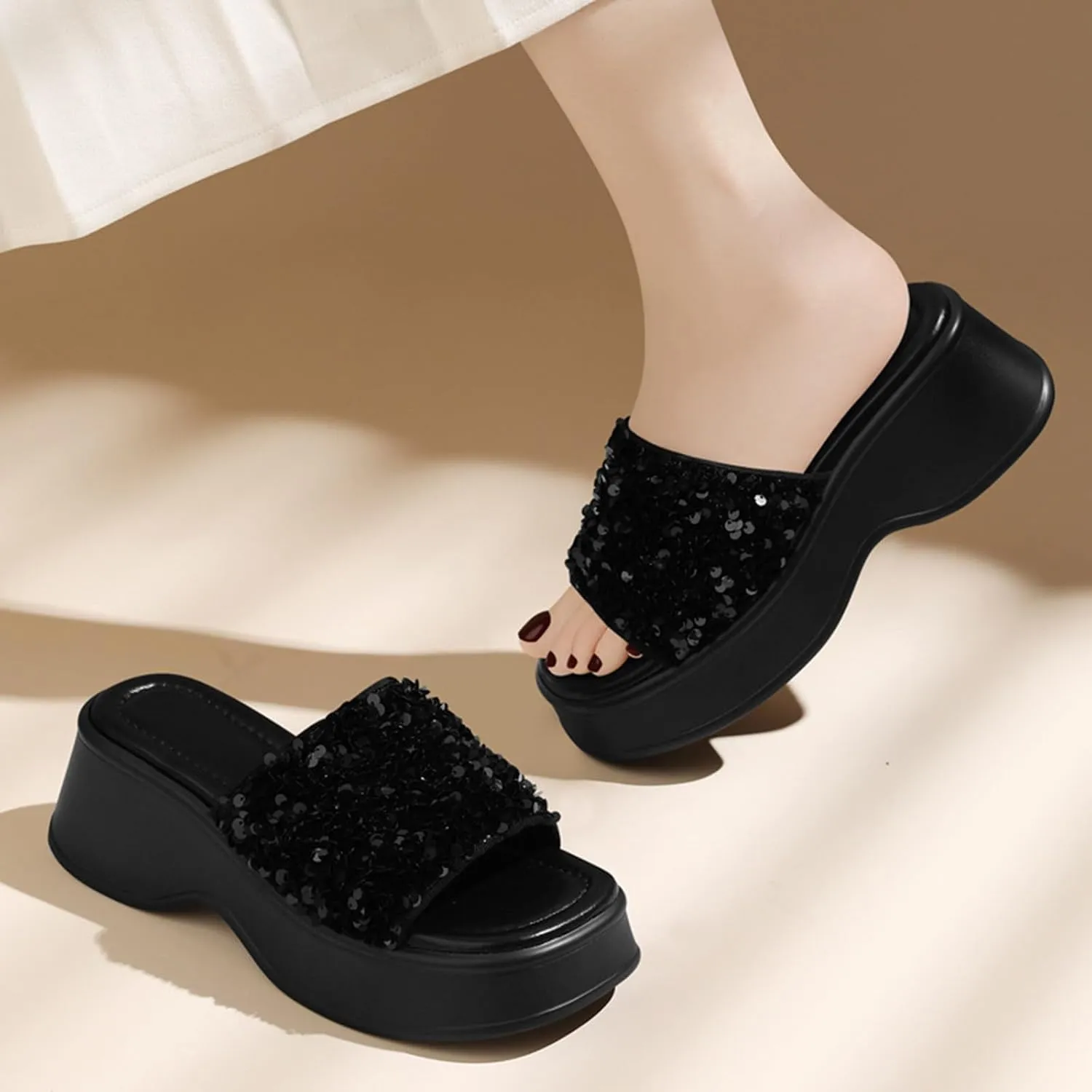 Zeberfi Women's Sequin Glitter Platforms Slide Sandals Fashion Sparkle Open Round Toe Slip on Slippers Summer Daily Casual Sandals