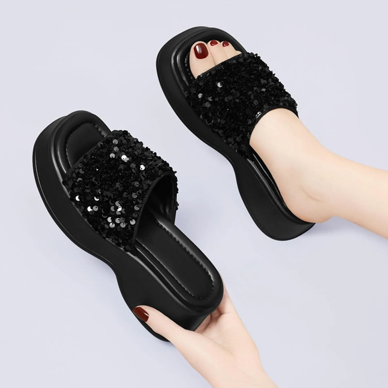 Zeberfi Women's Sequin Glitter Platforms Slide Sandals Fashion Sparkle Open Round Toe Slip on Slippers Summer Daily Casual Sandals