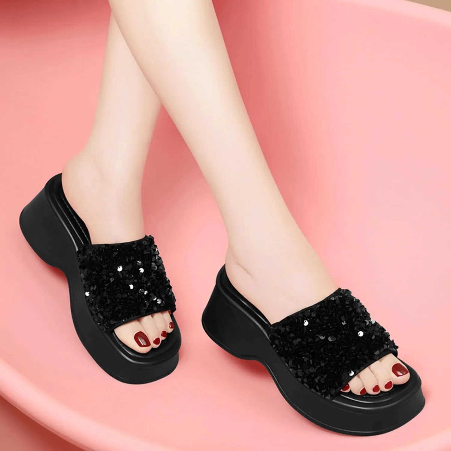 Zeberfi Women's Sequin Glitter Platforms Slide Sandals Fashion Sparkle Open Round Toe Slip on Slippers Summer Daily Casual Sandals