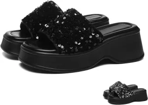 Zeberfi Women's Sequin Glitter Platforms Slide Sandals Fashion Sparkle Open Round Toe Slip on Slippers Summer Daily Casual Sandals