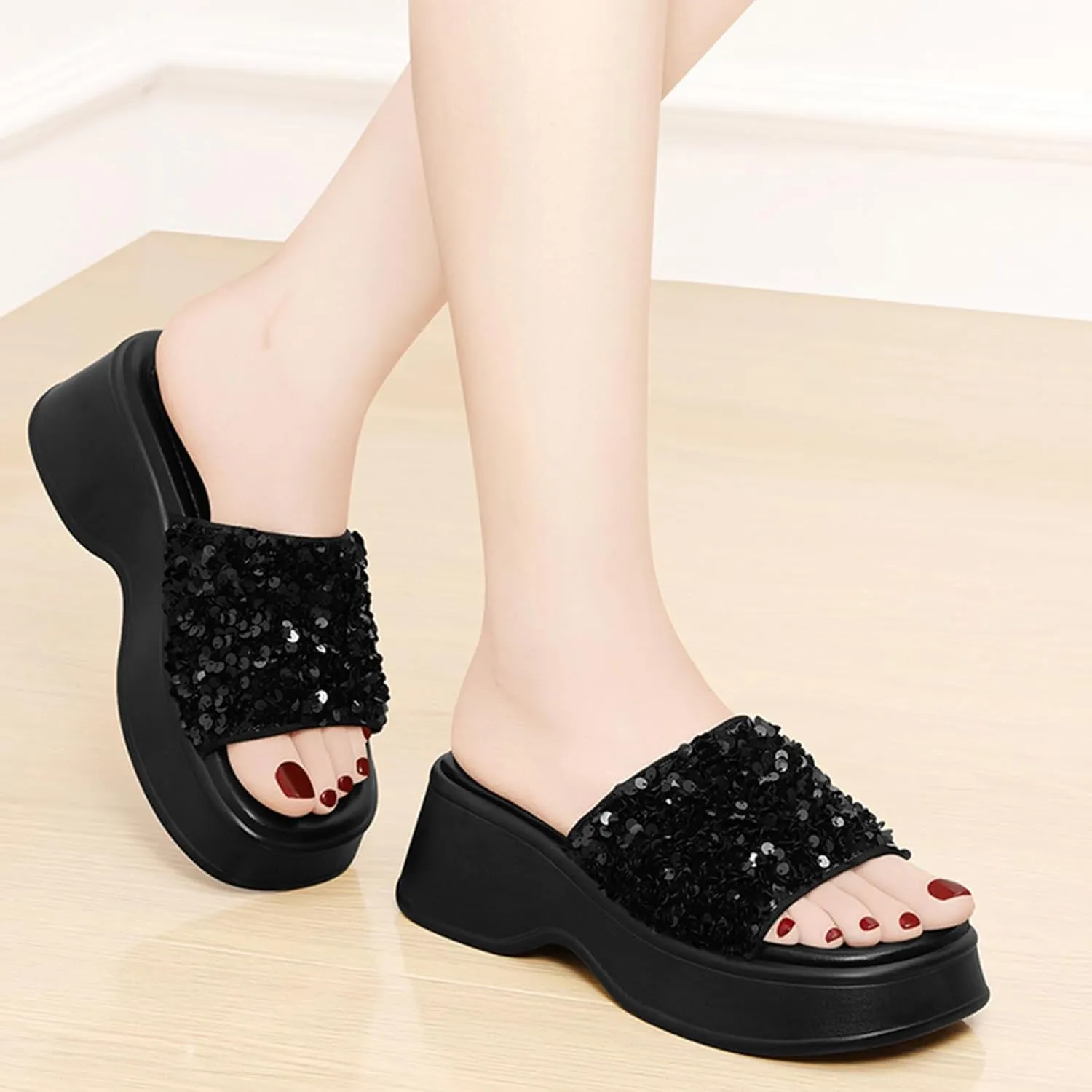 Zeberfi Women's Sequin Glitter Platforms Slide Sandals Fashion Sparkle Open Round Toe Slip on Slippers Summer Daily Casual Sandals