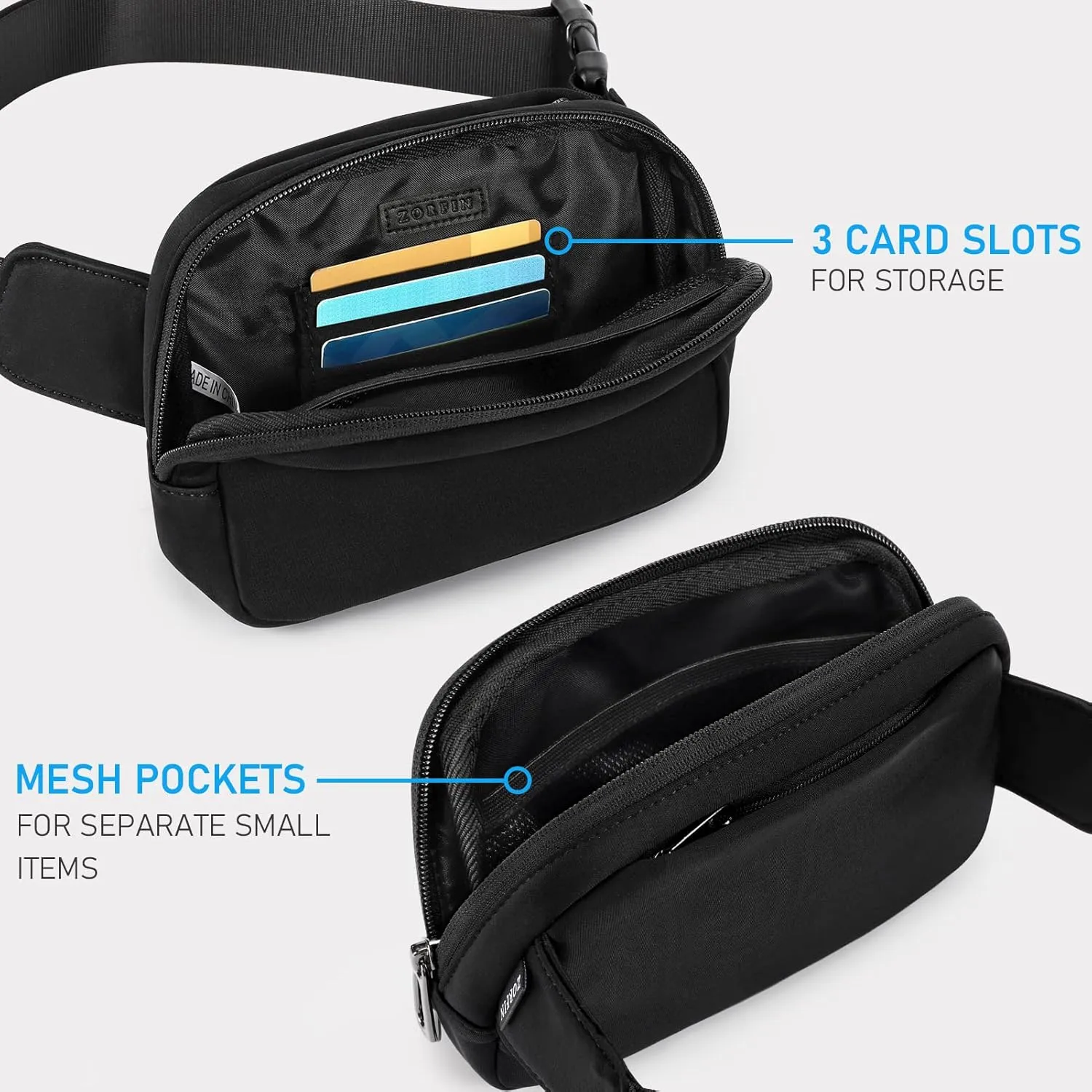 ZORFIN Belt Bag for Women Men Fashionable Crossbody Fanny Packs for Women with Adjustable Strap for Hiking Running Travel（Black）